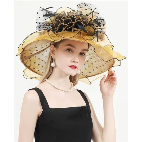 Women Hat Wide Brim Tea Party Fascinator Yellow Black - Picture 5 of 6